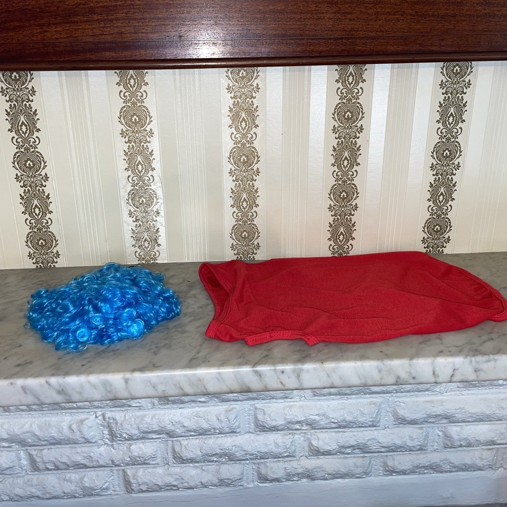 Cat X-Large‎ Costume, Fits Small Dog Red Shirt, Blue Wig Tie-on